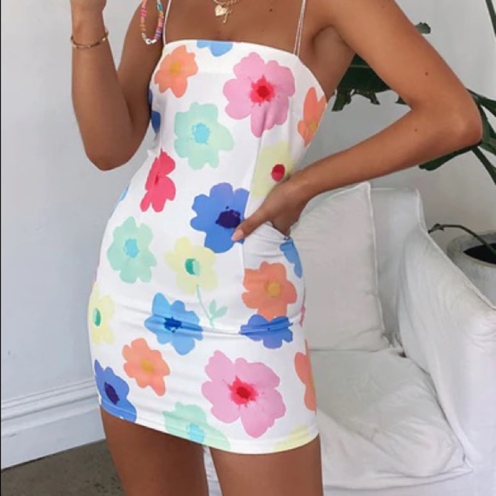 NWT Sunset Skies Mini Dress Spring White Fox Boutique Floral Rainbow